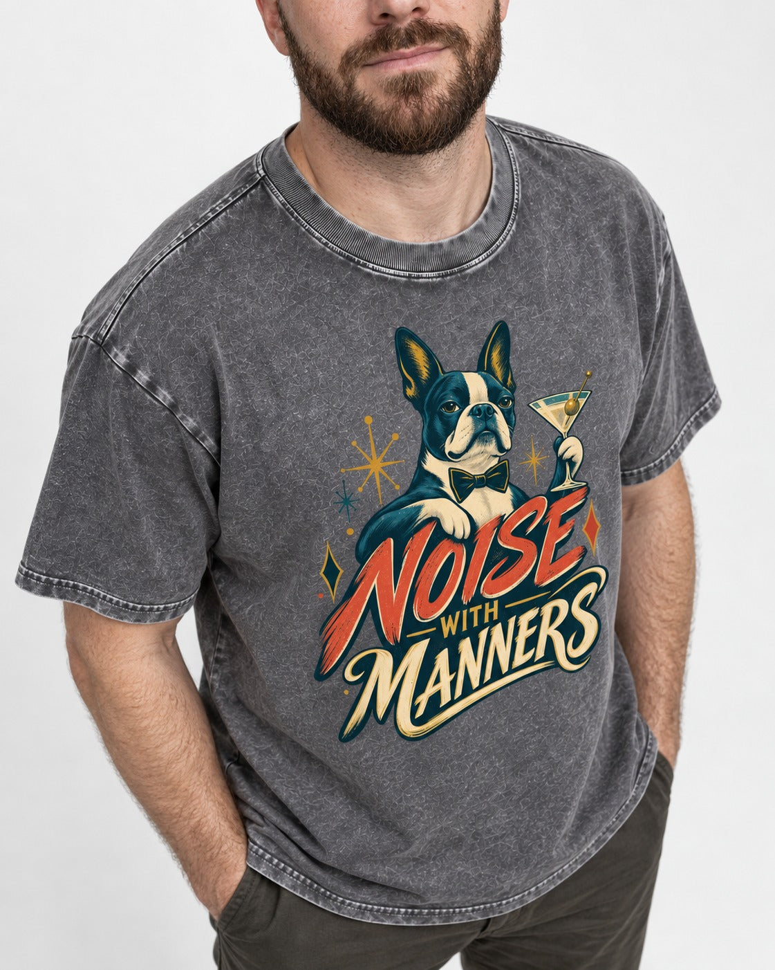 Boston Terrier Noise With Manners Cocktail Graphic Washed Tee in Gray, worn by a model, front view