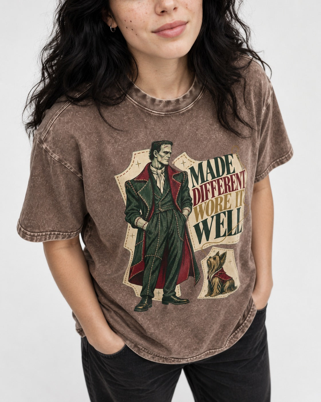 Yorkshire Terrier Made Different Washed Tee in Coffee, worn by a model, front view