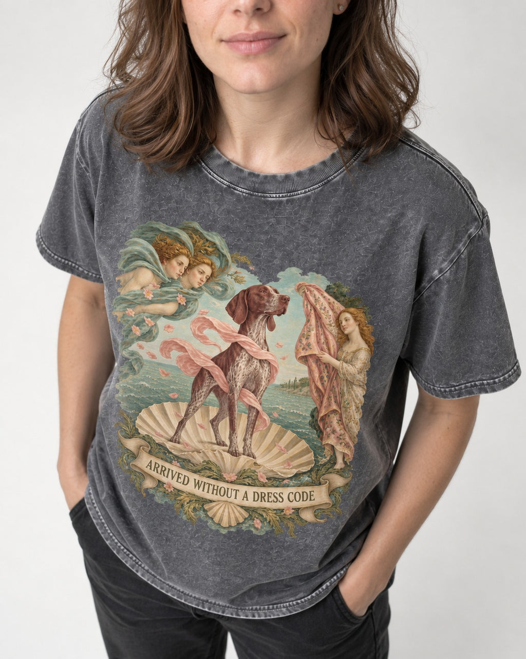 German Shorthaired Pointer Arrived Without A Dress Code Birth Of Venus Graphic Washed Tee in Gray, worn by a model, front view