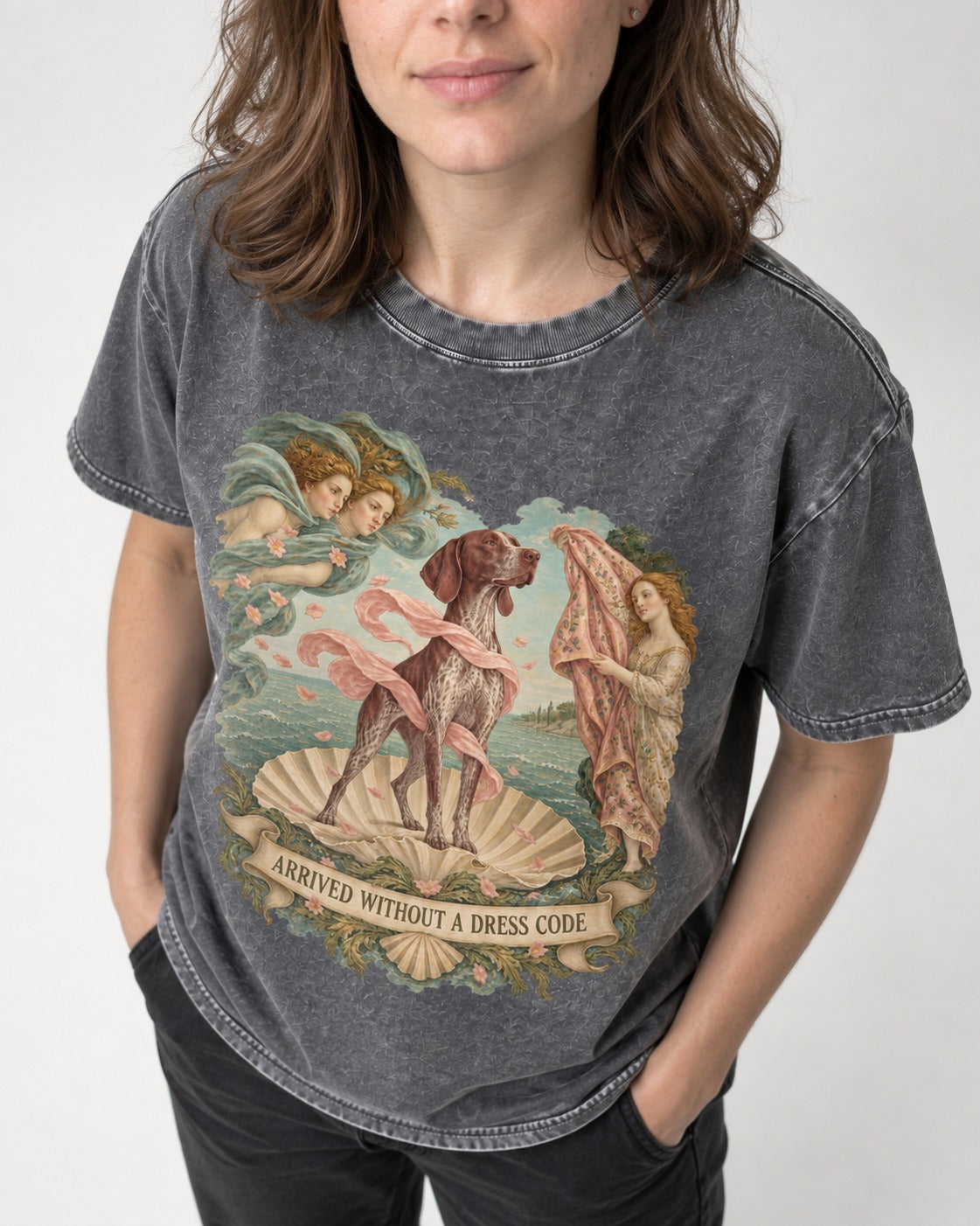 German Shorthaired Pointer Arrived Without A Dress Code Birth Of Venus Graphic Washed Tee in Gray, worn by a model, front view