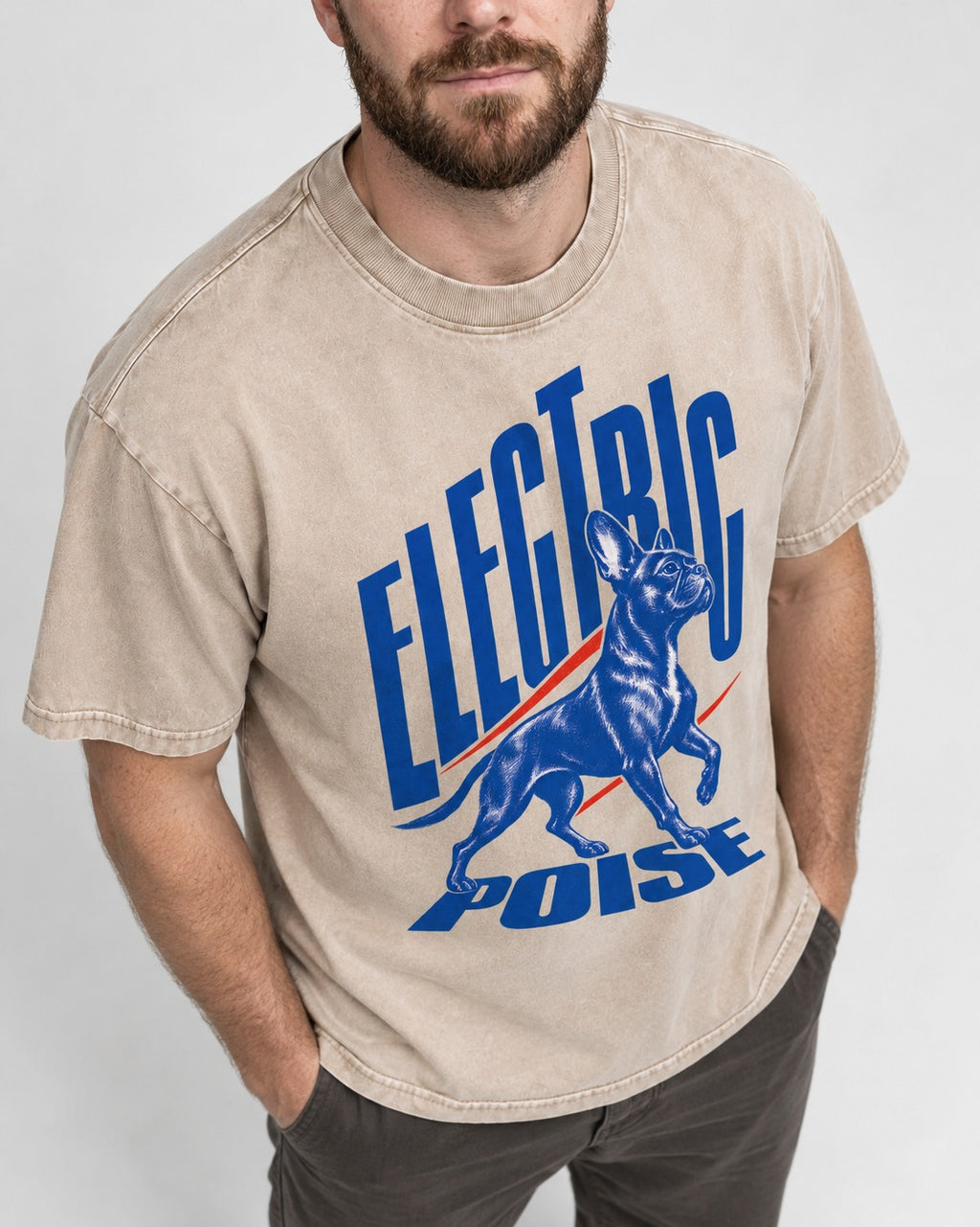 Boston Terrier Electric Poise Washed Tee in Apricot, worn by a model, front view