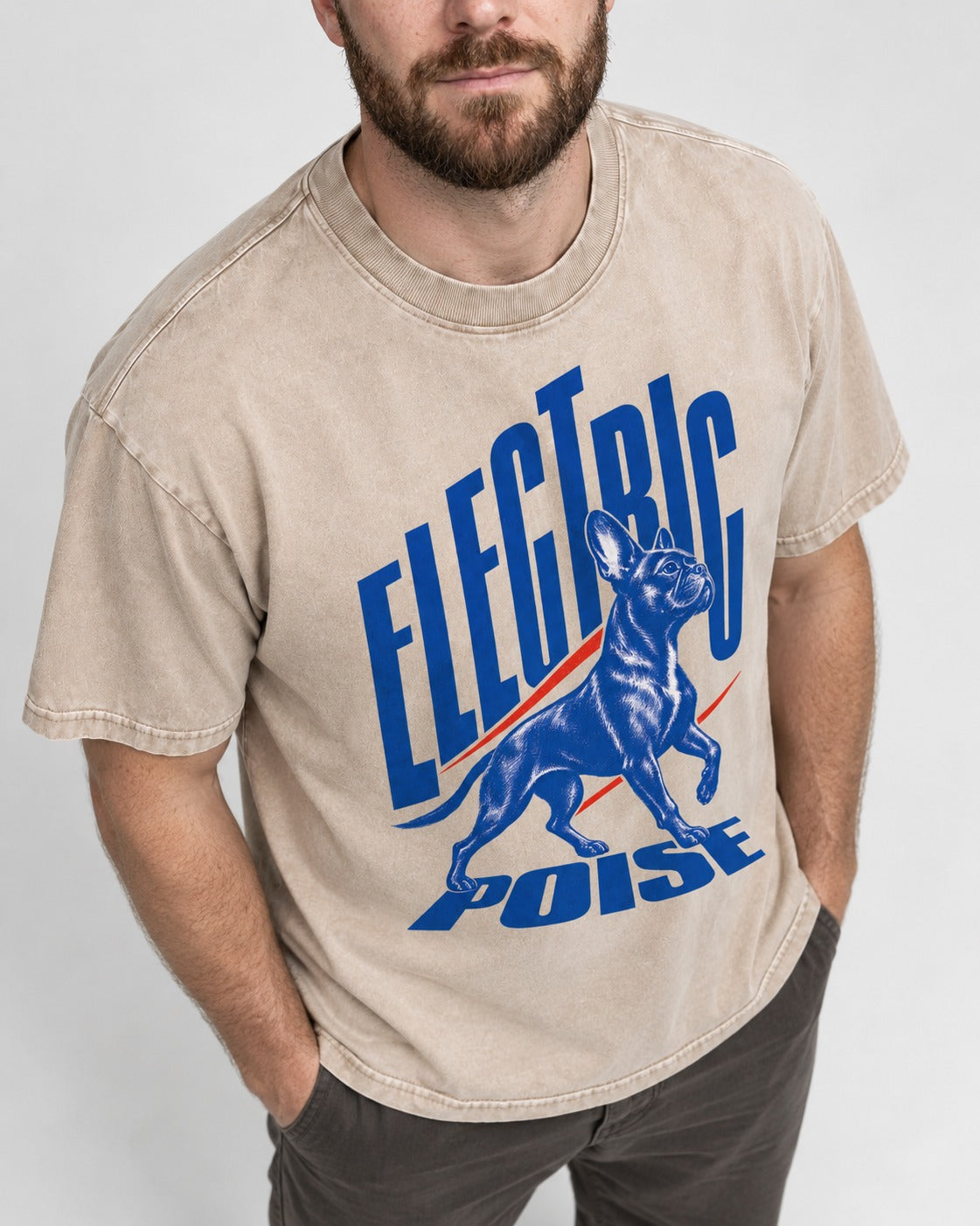 Boston Terrier Electric Poise Washed Tee in Apricot, worn by a model, front view