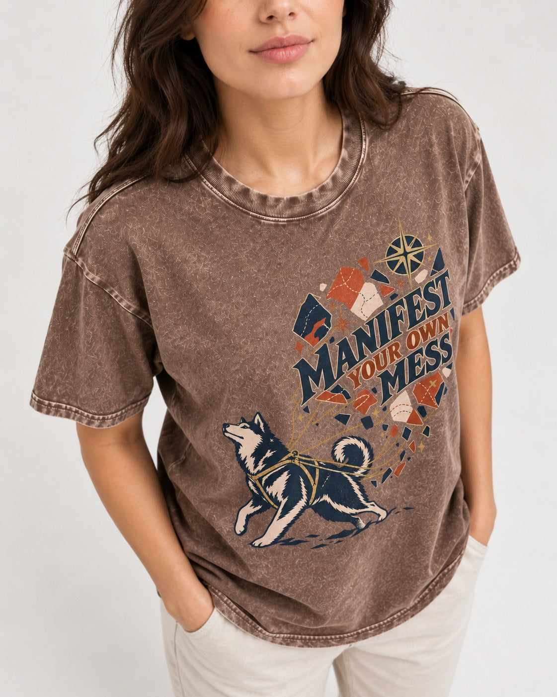 Husky Manifest Your Own Mess Washed Tee in Coffee, worn by a model, front view