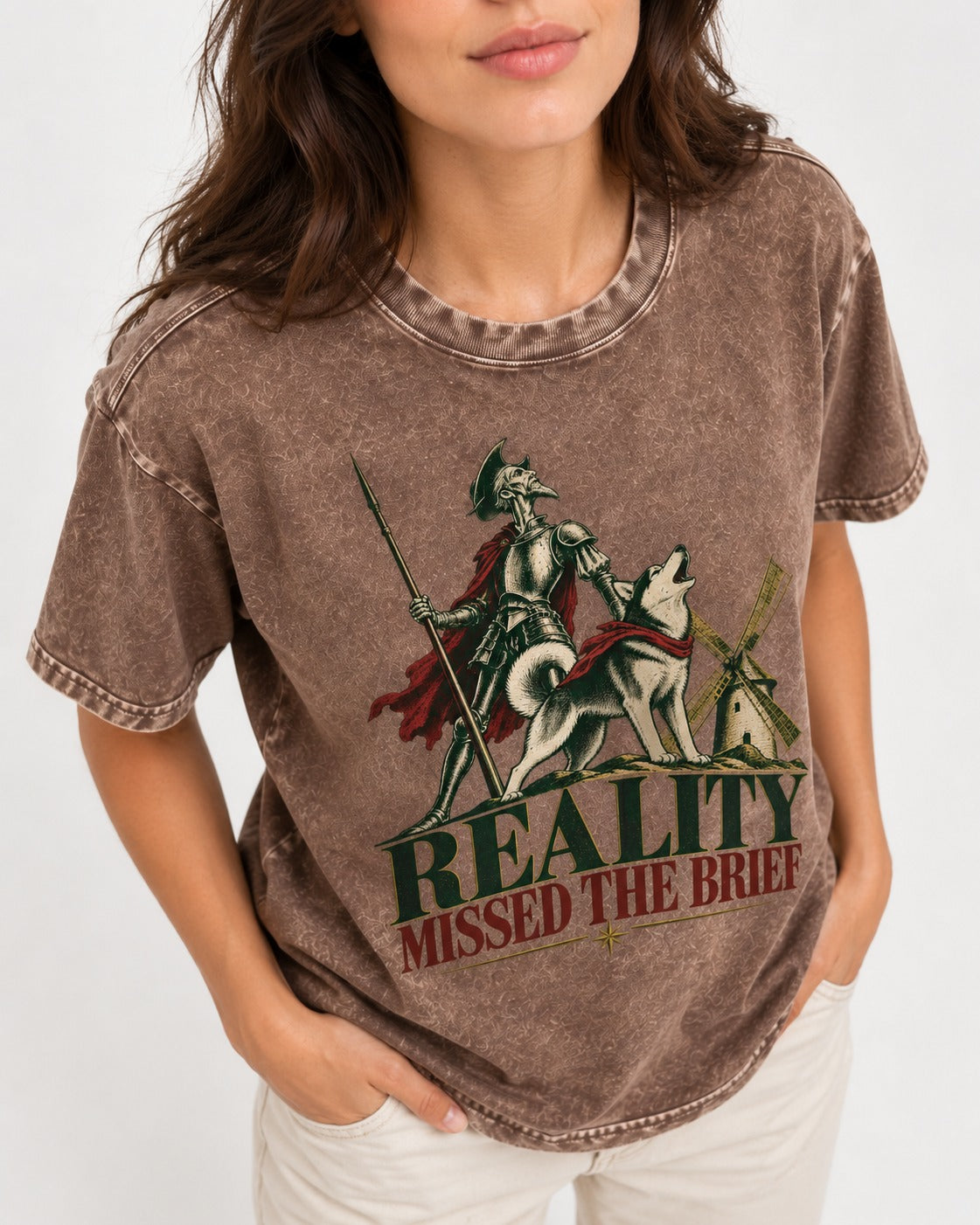 Reality Missed the Husky Brief Washed Tee in Coffee, worn by a model, front view