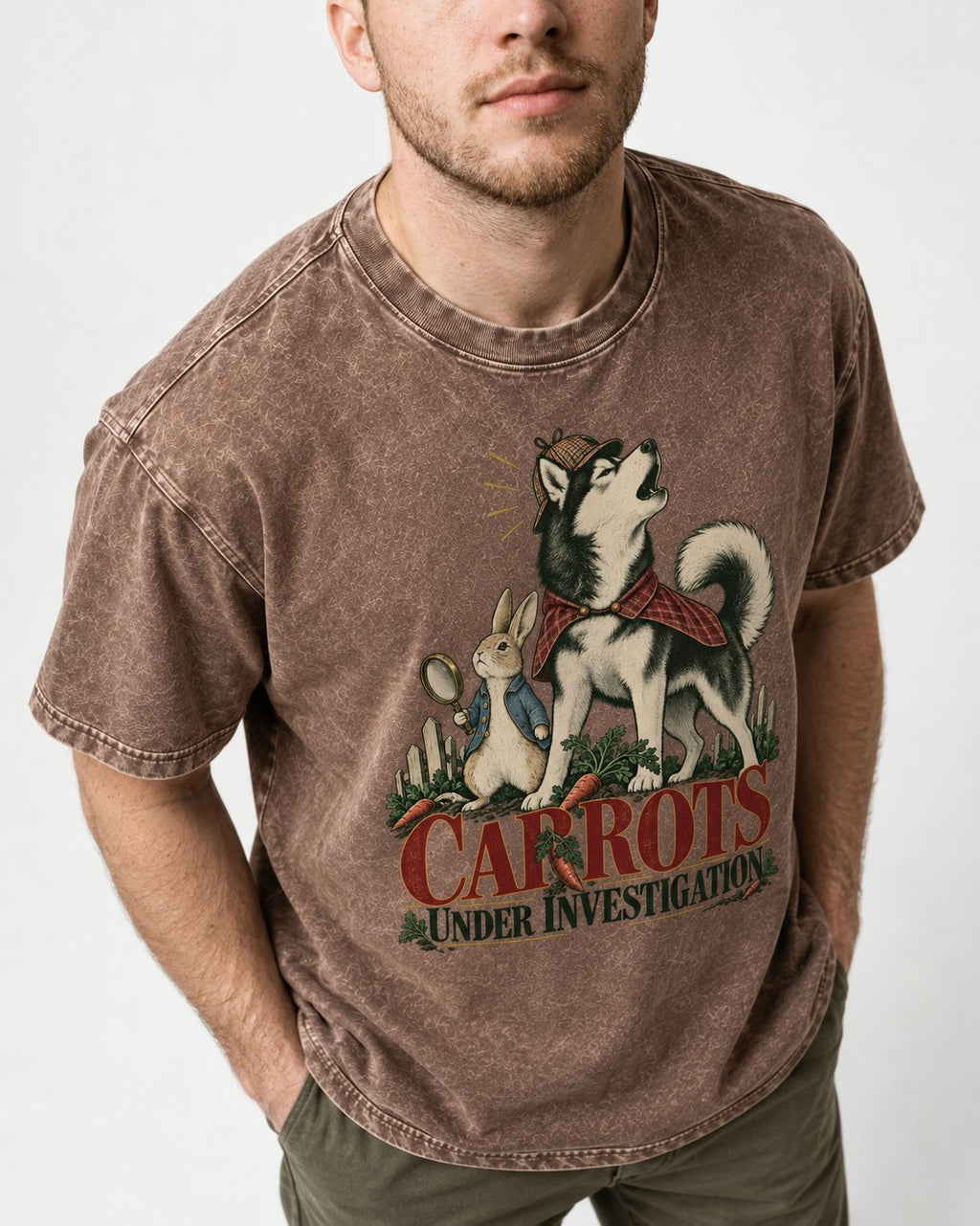 Carrots Under Husky Investigation Washed Tee in Coffee, worn by a model, front view