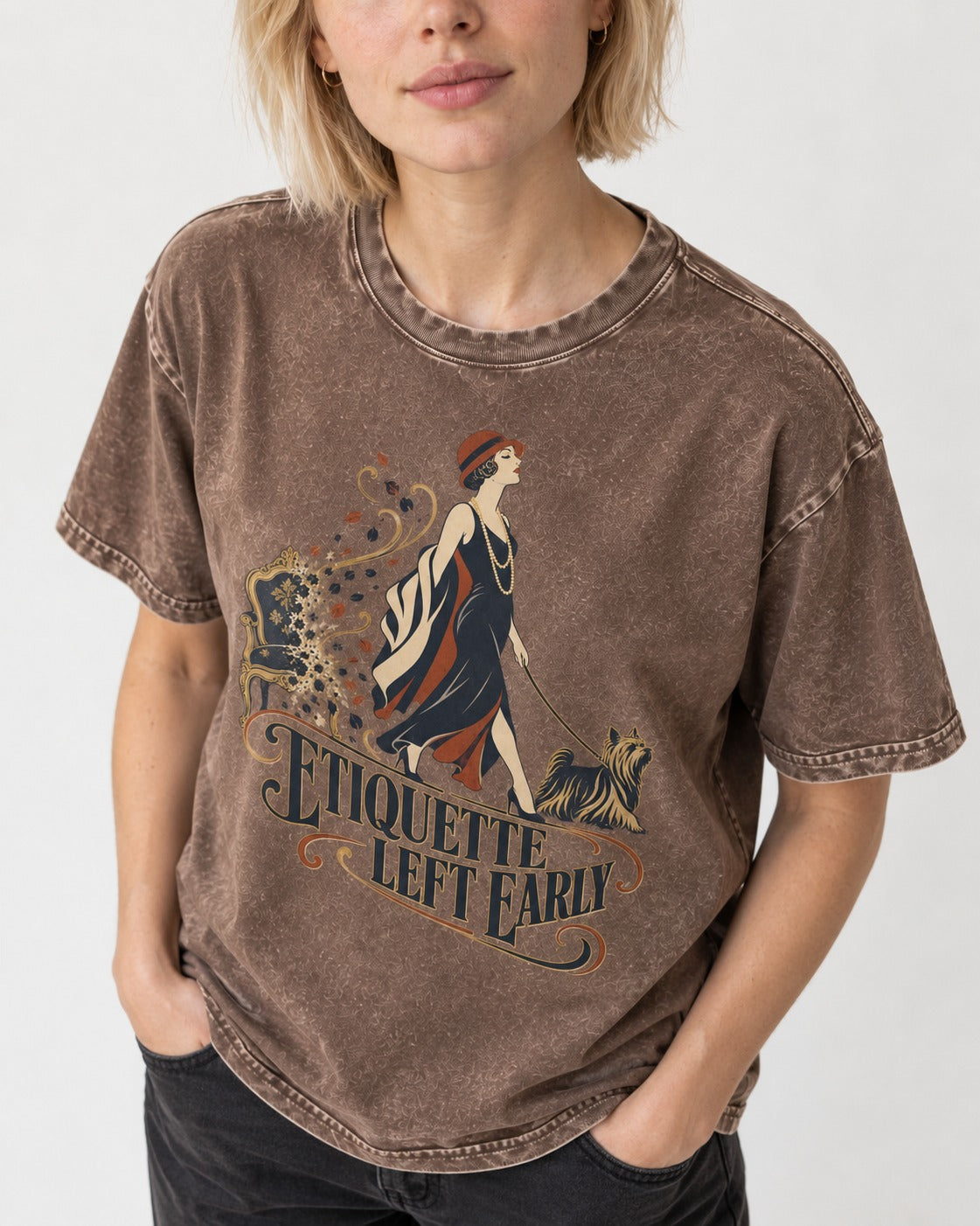 Yorkshire Terrier Etiquette Left Early Washed Tee in Coffee, worn by a model, front view