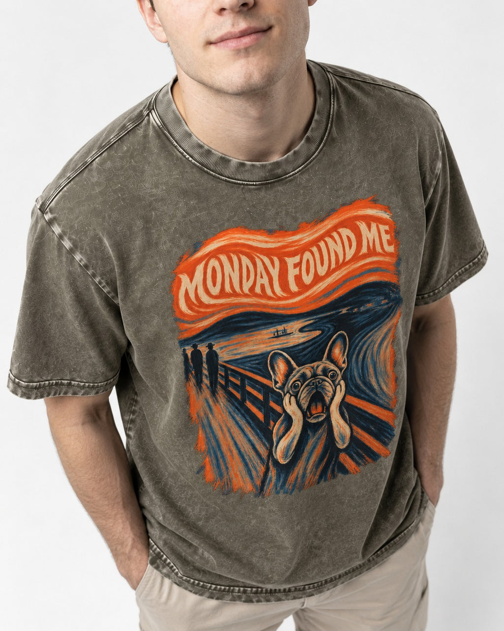 Frenchie Monday Found Me Scream Graphic 194 Washed Tee in Army Green, worn by a model, front view
