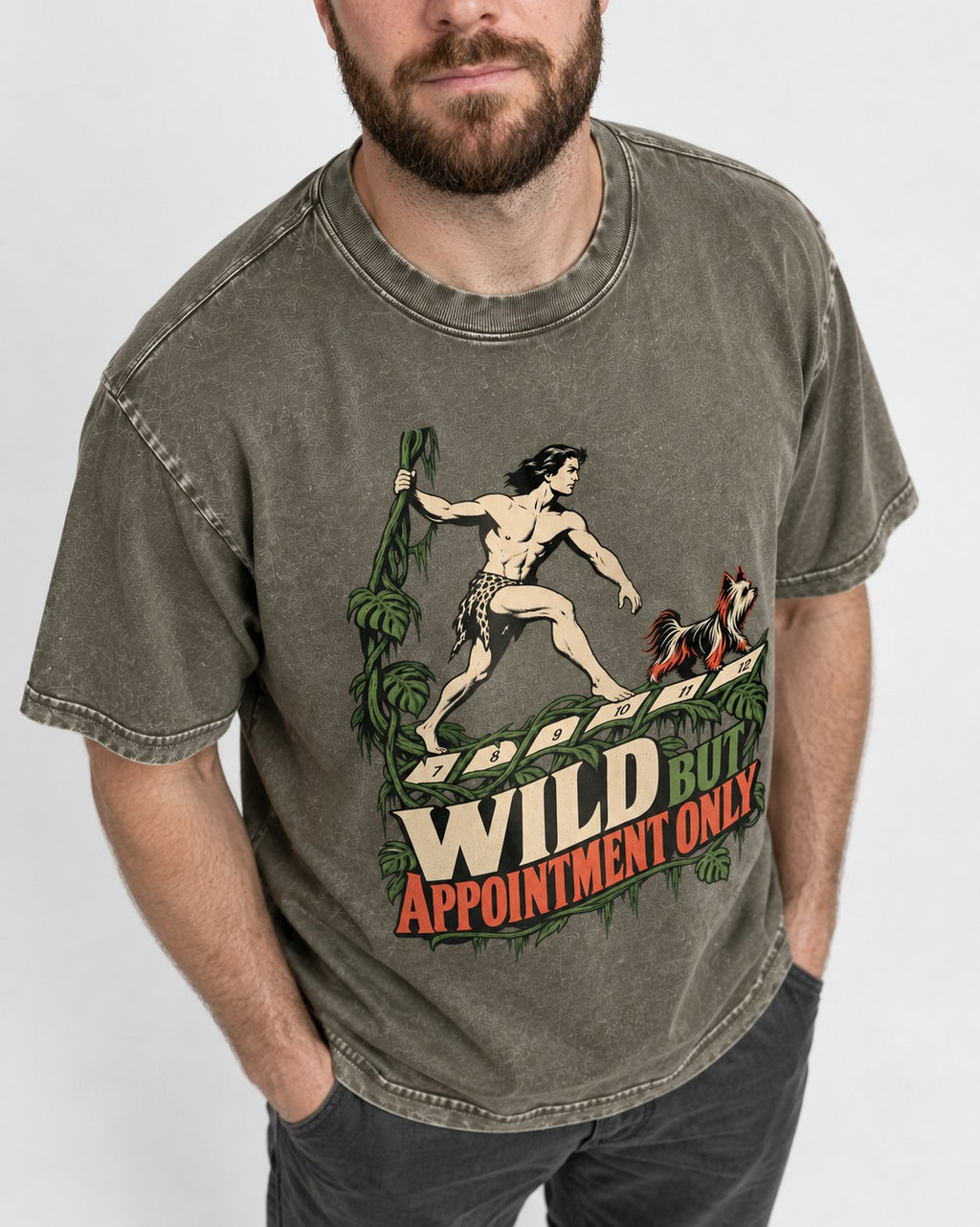 Yorkshire Terrier Wild but Appointment Only Jungle Calendar Graphic Washed Tee in Army Green, worn by a model, front view