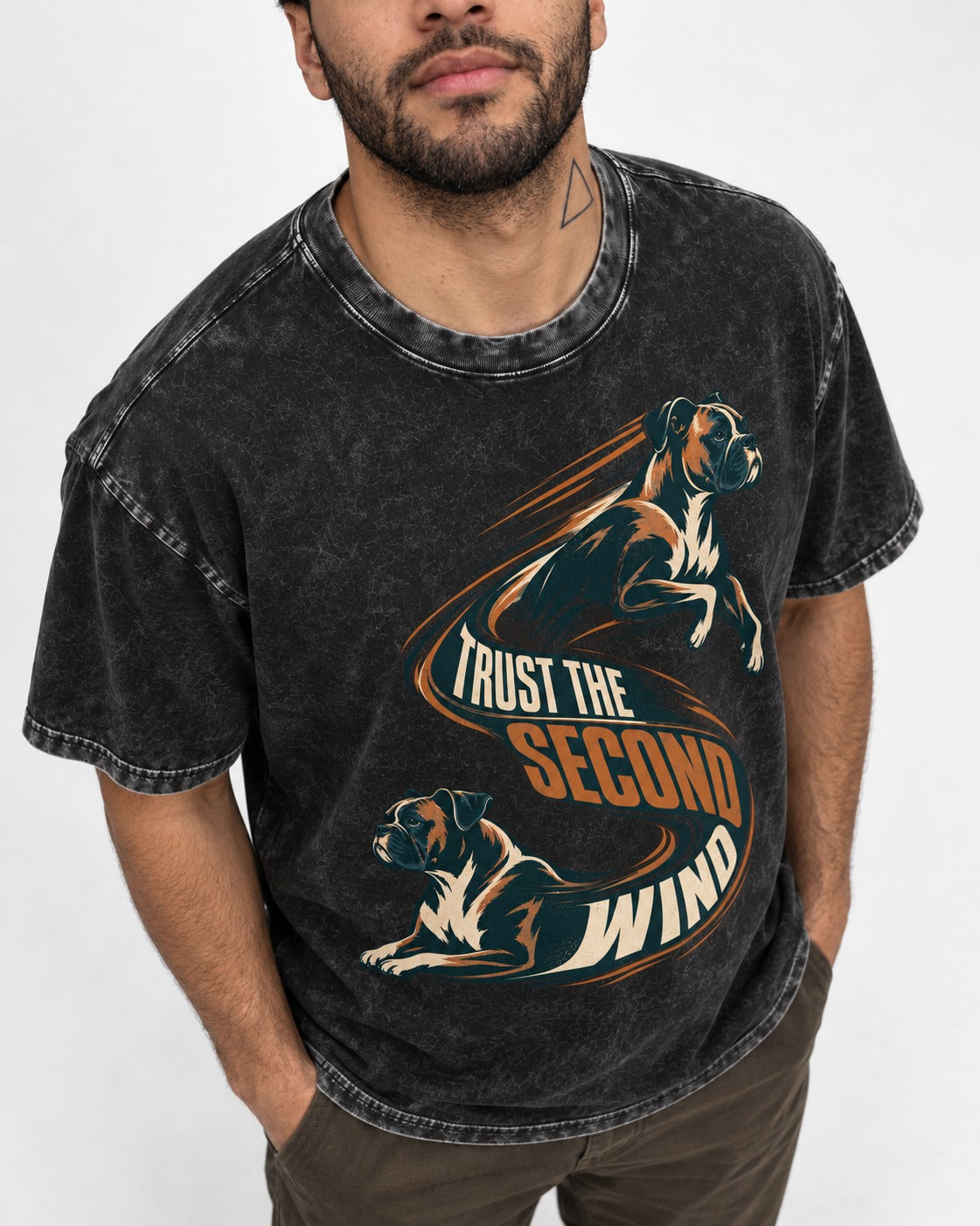 Trust the Second Wind Boxer Motion Graphic Washed Tee in Black, worn by a model, front view