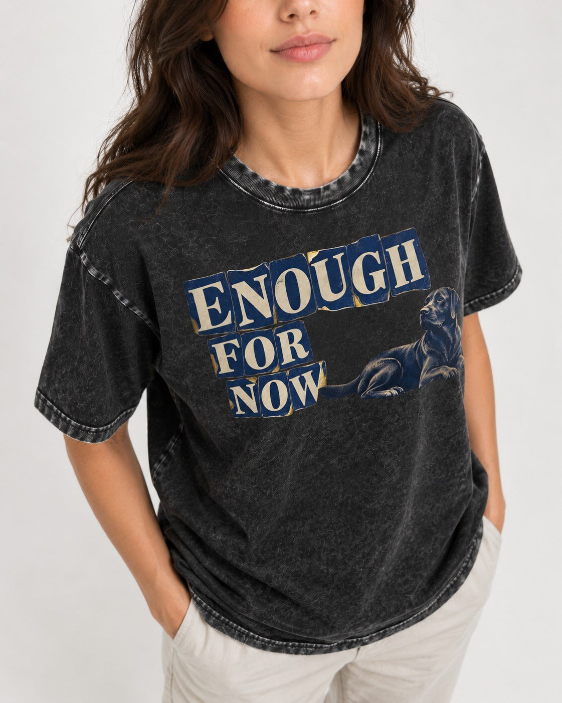 Labrador Retriever Enough for Now Reclining Graphic Washed Tee in Black, worn by a model, front view