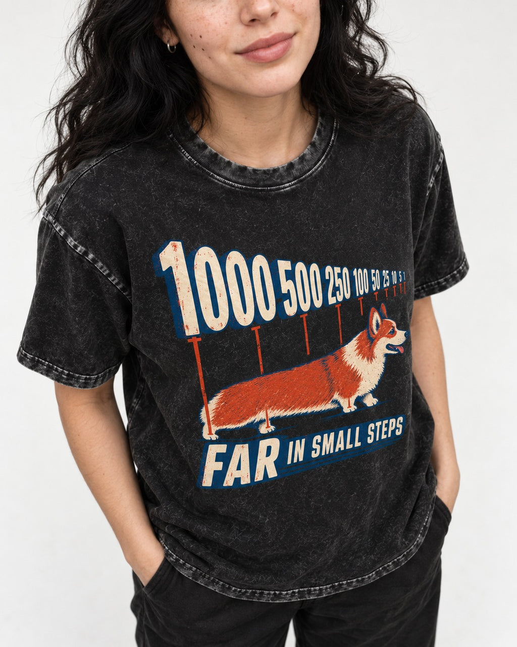 Corgi Far in Small Steps Washed Tee in Black, worn by a model, front view