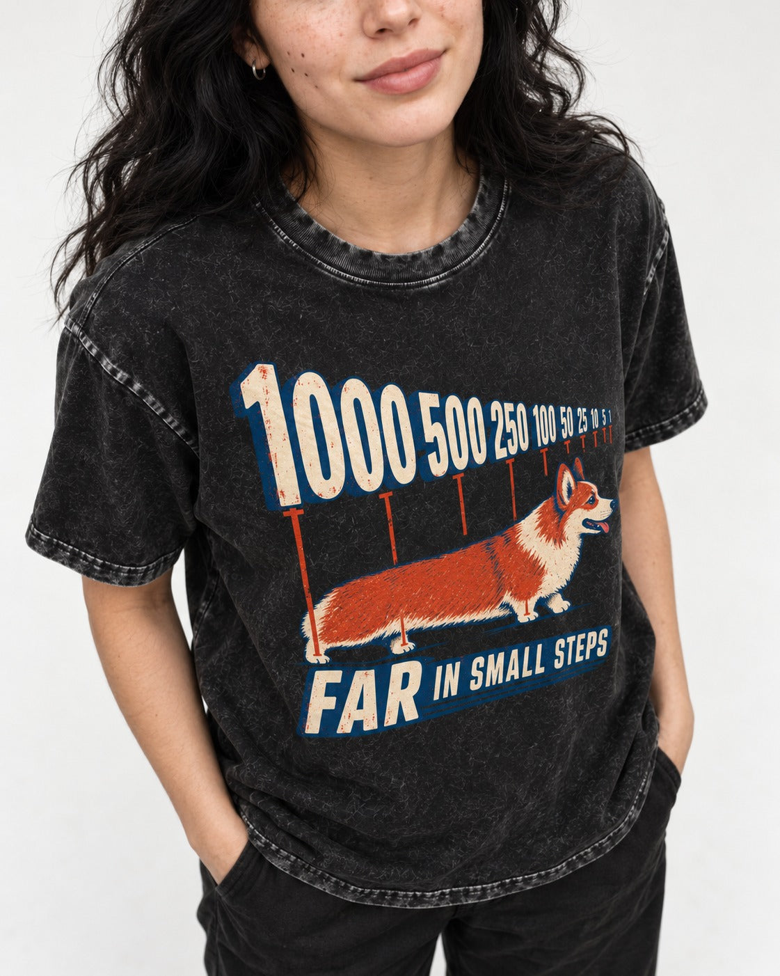 Corgi Far in Small Steps Washed Tee in Black, worn by a model, front view