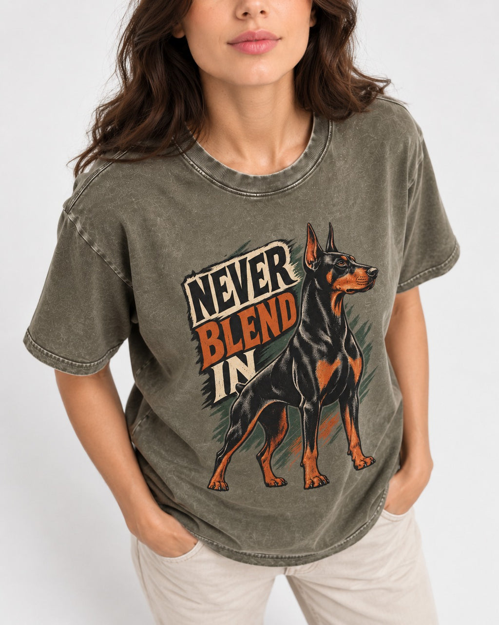 Doberman Never Blend In Brush Graphic Washed Tee in Army Green, worn by a model, front view