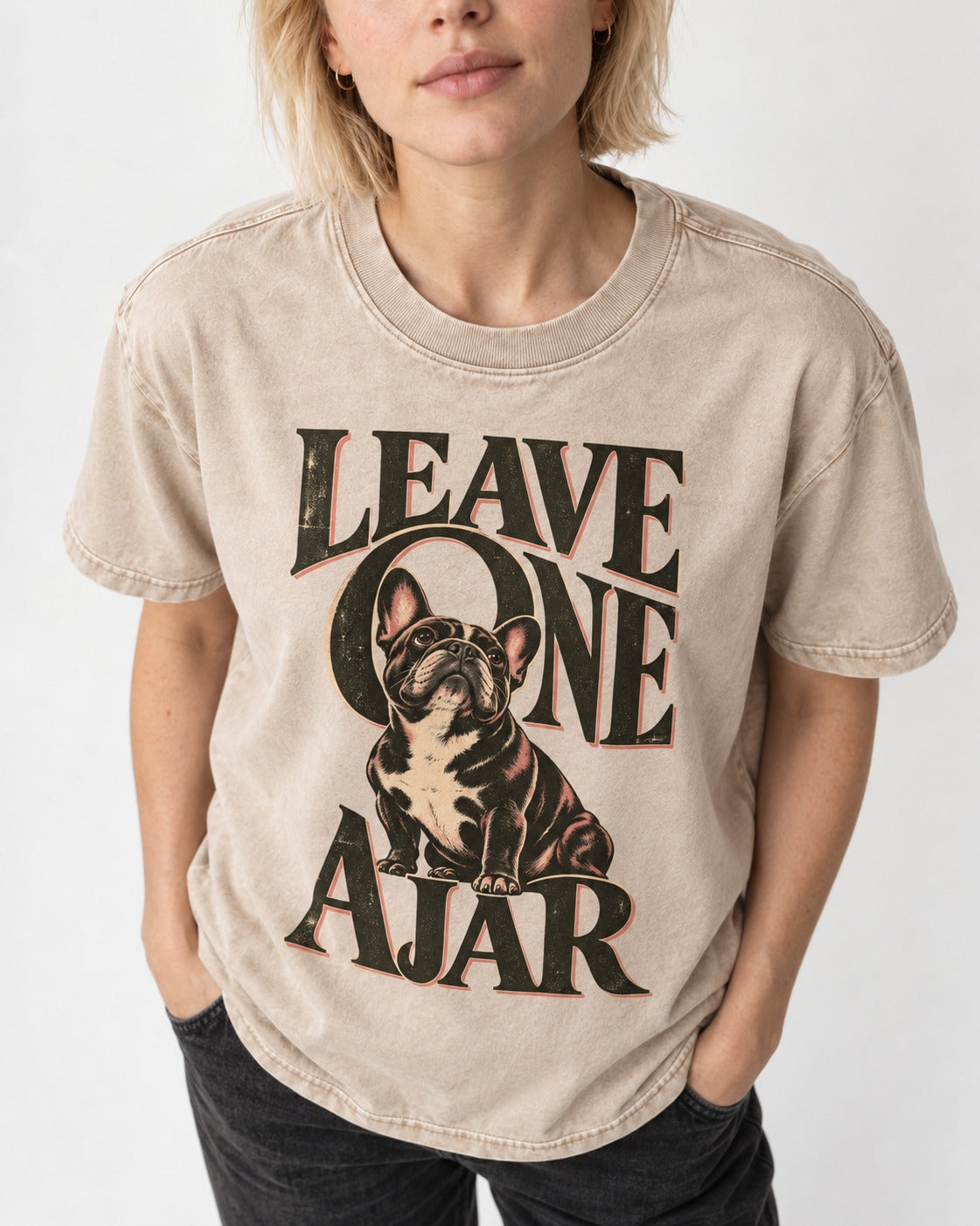 Leave One Ajar for Frenchie Washed Tee in Apricot, worn by a model, front view