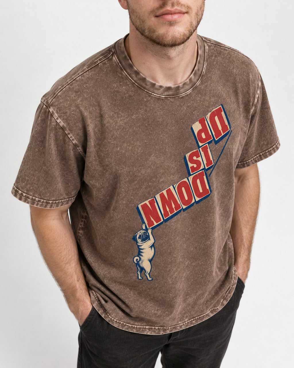 Down Is Up Pug Washed Tee in Coffee, worn by a model, front view