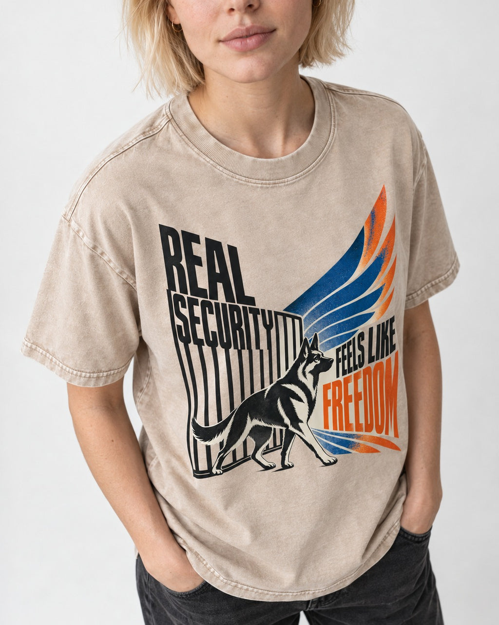 German Shepherd Dog Feels Like Freedom Washed Tee in Apricot, worn by a model, front view