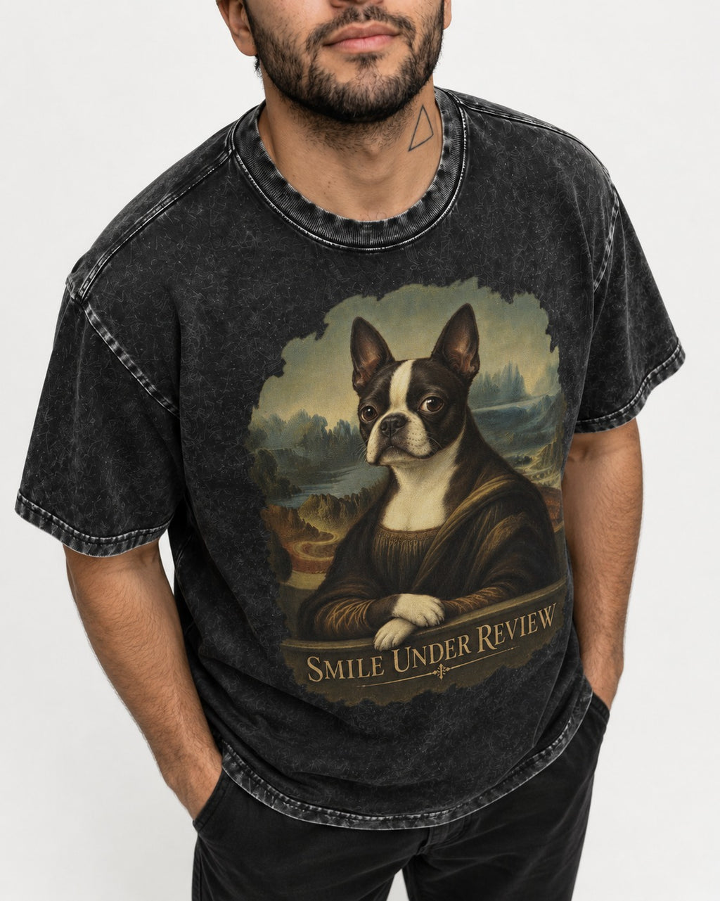 Smile Under Review Boston Terrier Mona Lisa Portrait Washed Tee in Black, worn by a model, front view