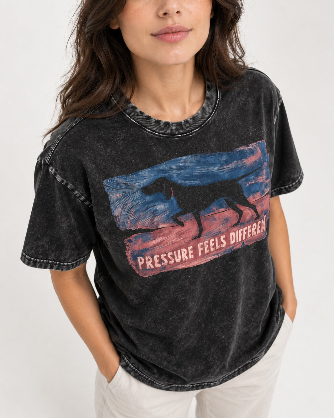 German Shorthaired Pointer Pressure Feels Different Monotype Graphic Washed Tee in Black, worn by a model, front view