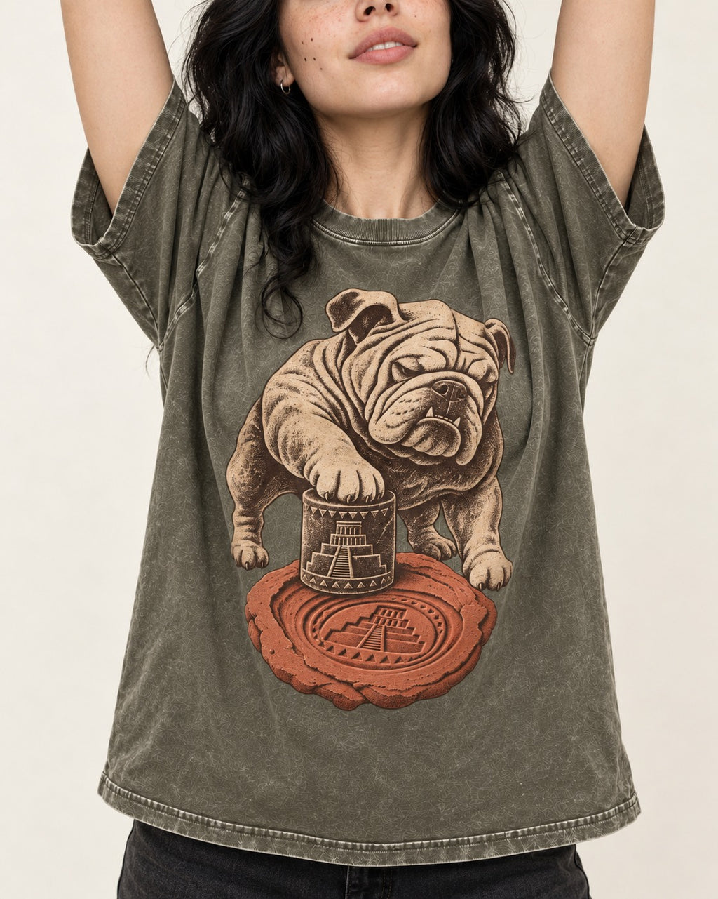 English Bulldog Ancient Cylinder Seal Graphic Washed Tee in Army Green, worn by a model, front view