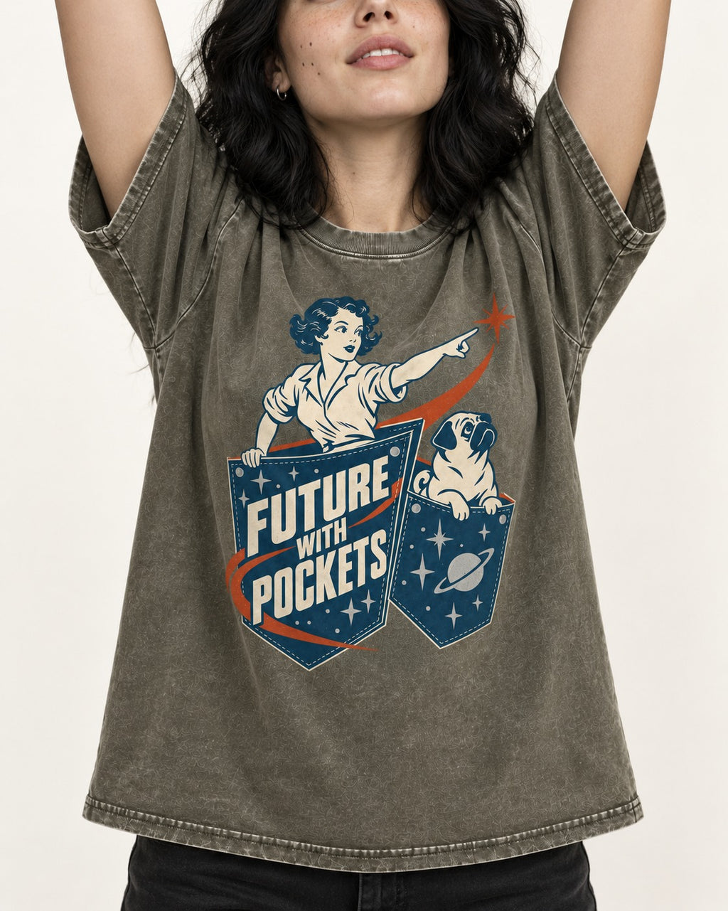 Pug Future with Pockets Space Pocket Graphic Washed Tee in Army Green, worn by a model, front view