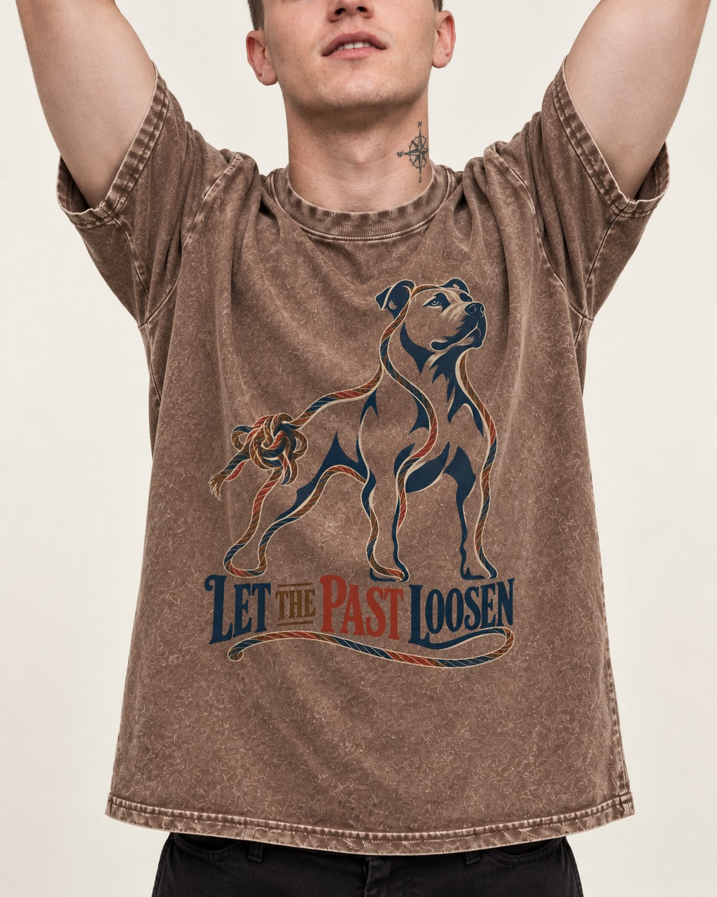 Pitbull Let the Past Loosen Washed Tee in Coffee, worn by a model, front view