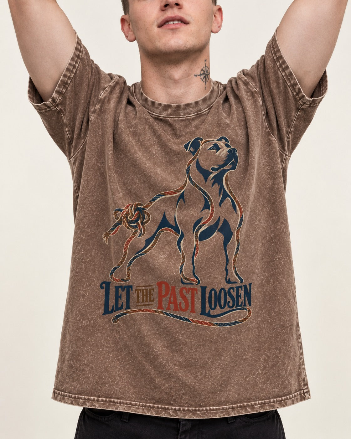 Pitbull Let the Past Loosen Washed Tee in Coffee, worn by a model, front view