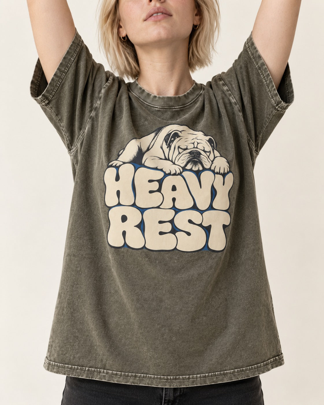 English Bulldog Heavy Rest Graphic Washed Tee in Army Green, worn by a model, front view