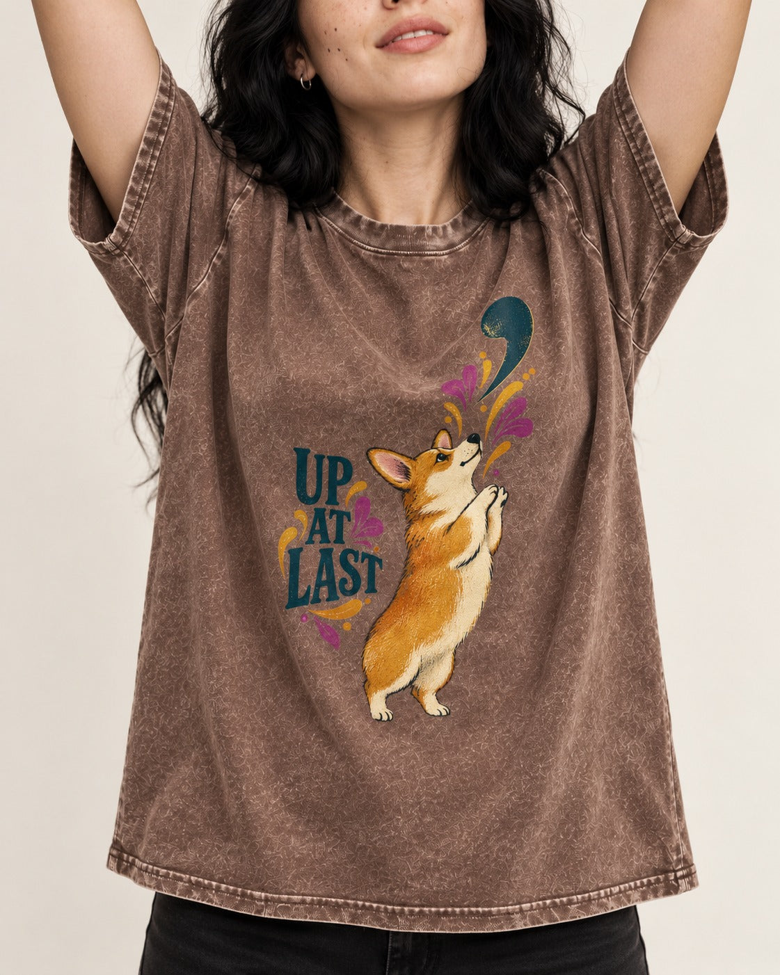Corgi Up at Last Washed Tee in Coffee, worn by a model, front view