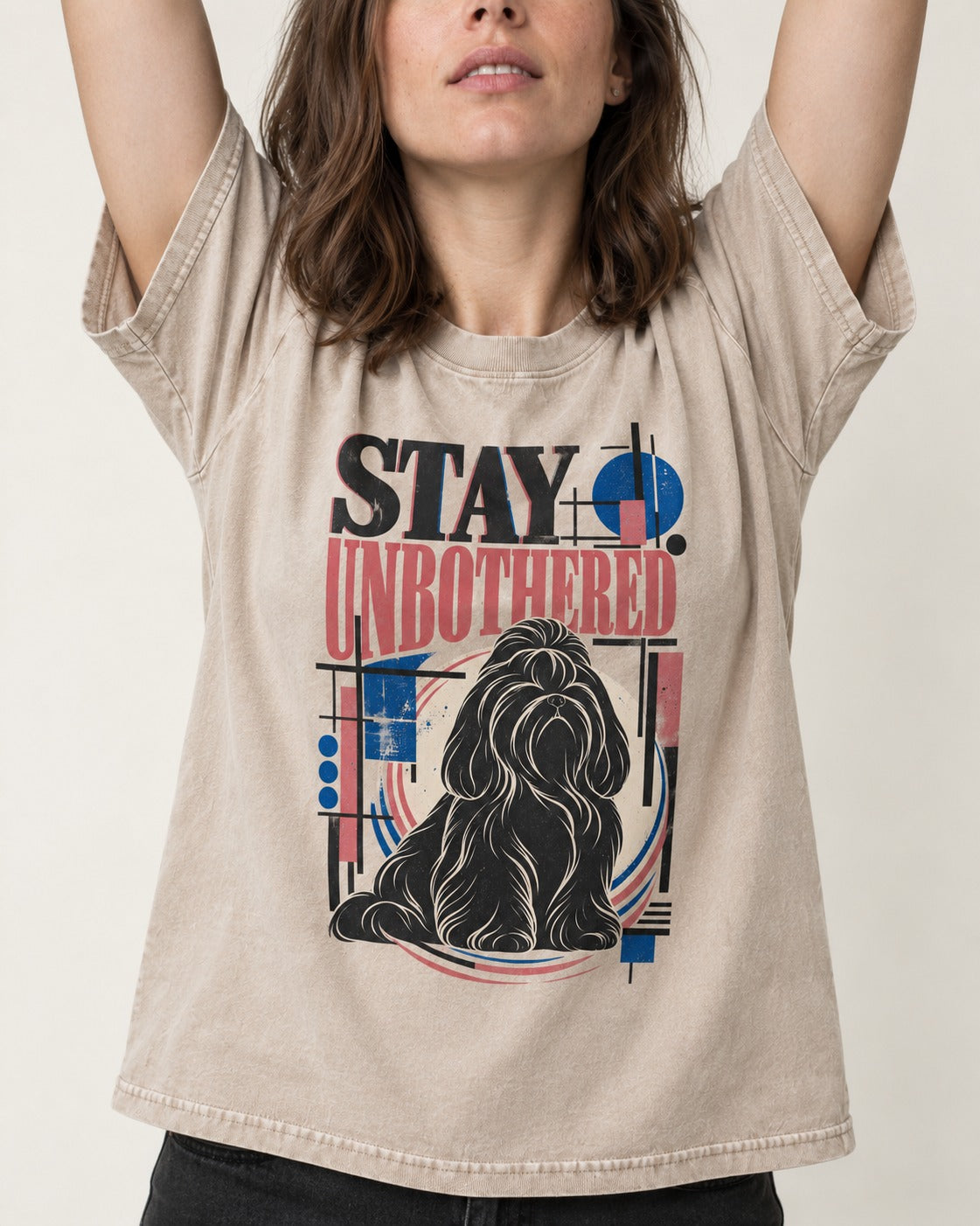 Stay Unbothered Shih Tzu Washed Tee in Apricot, worn by a model, front view