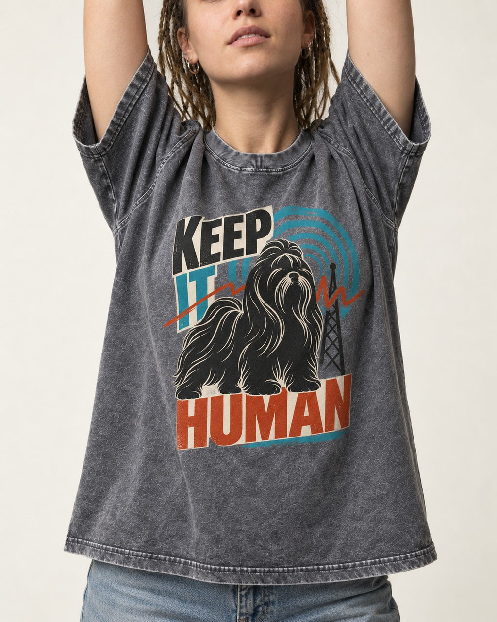 Shih Tzu Keep It Human Radio Signal Graphic Washed Tee in Gray, worn by a model, front view