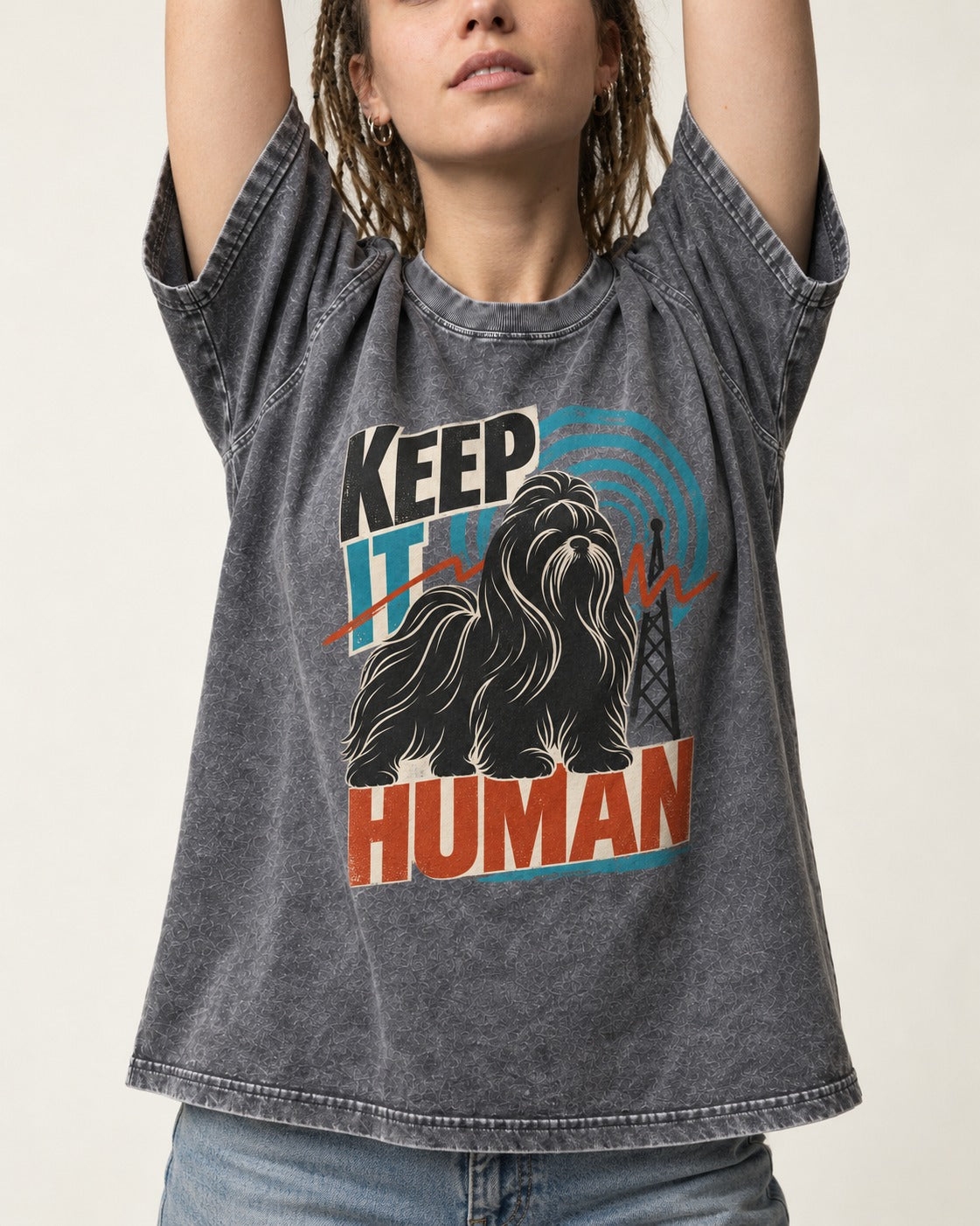 Shih Tzu Keep It Human Radio Signal Graphic Washed Tee in Gray, worn by a model, front view