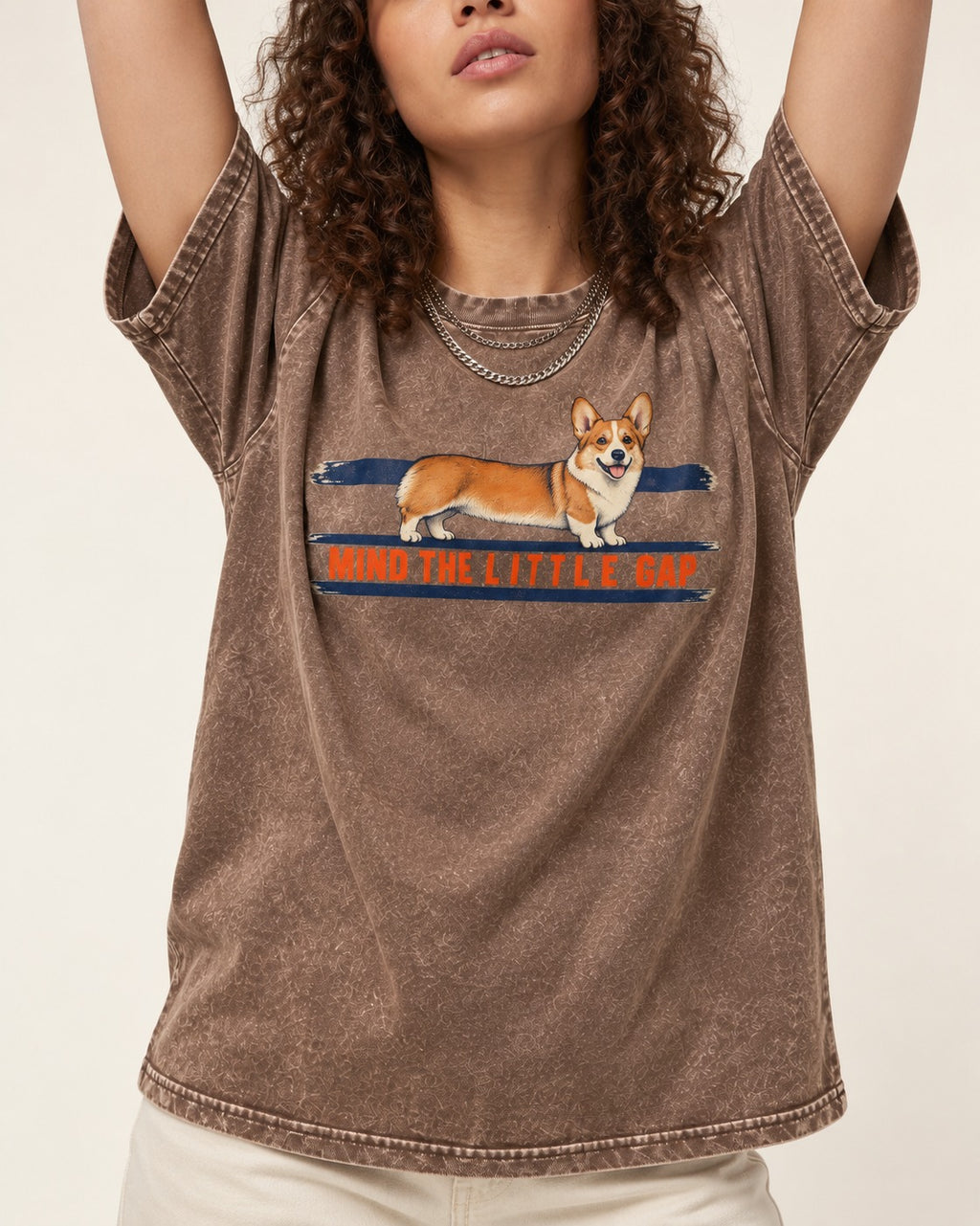 Mind the Little Corgi Gap Washed Tee in Coffee, worn by a model, front view