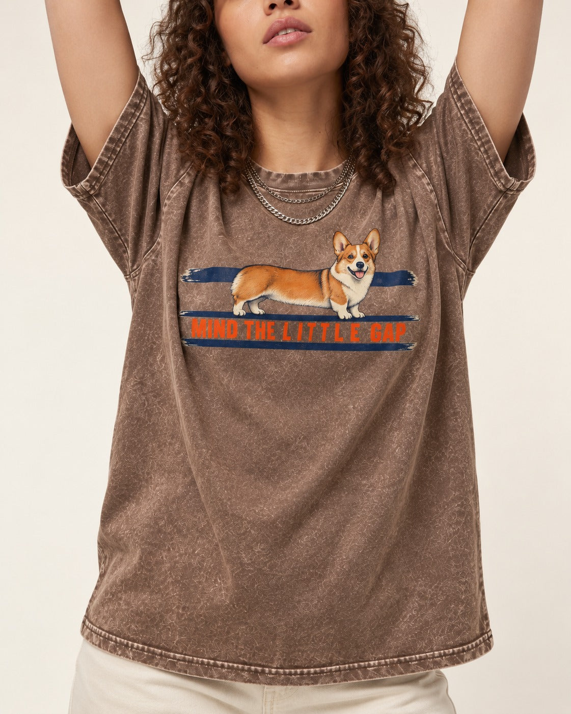 Mind the Little Corgi Gap Washed Tee in Coffee, worn by a model, front view