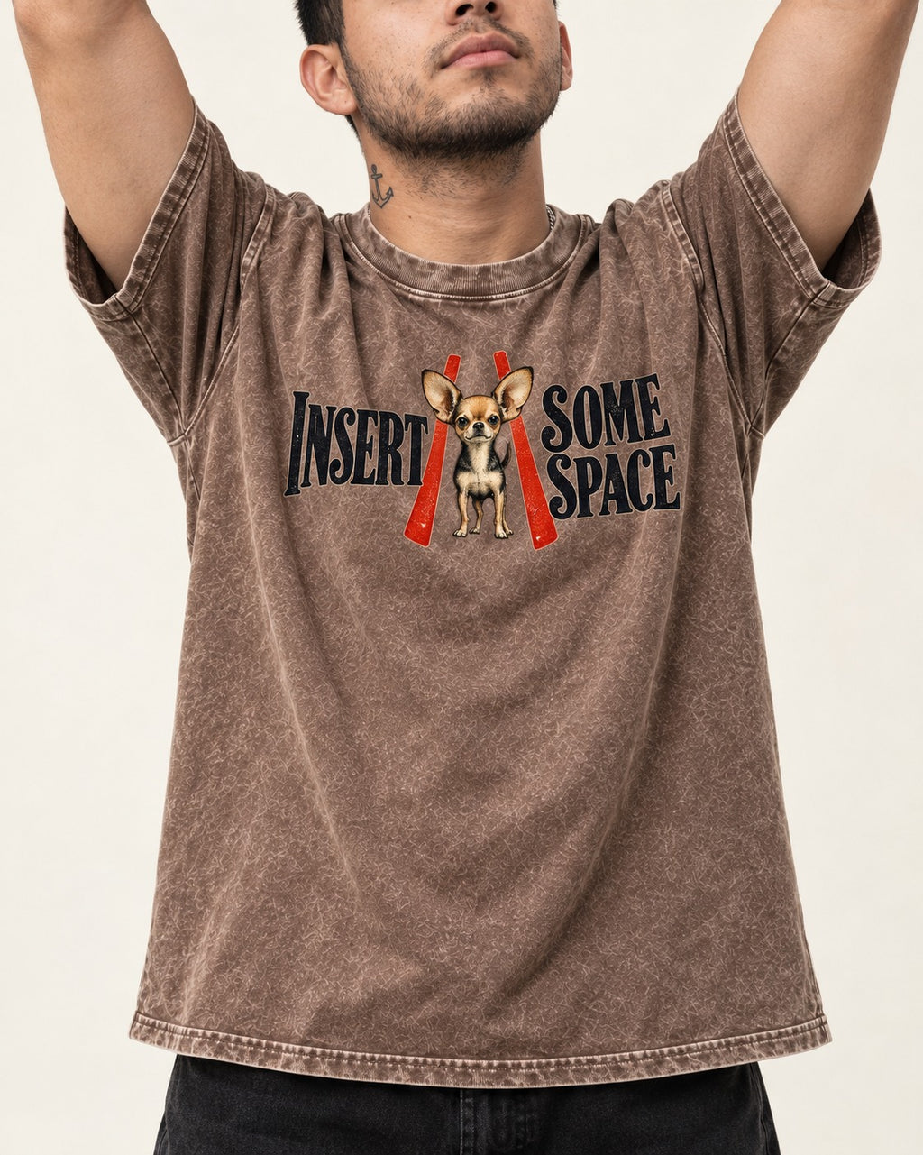 Insert Some Chihuahua Space Washed Tee in Coffee, worn by a model, front view