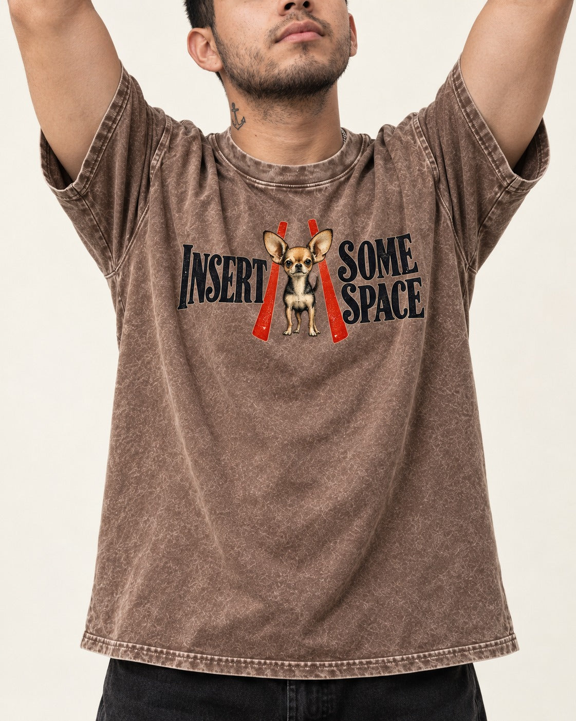 Insert Some Chihuahua Space Washed Tee in Coffee, worn by a model, front view