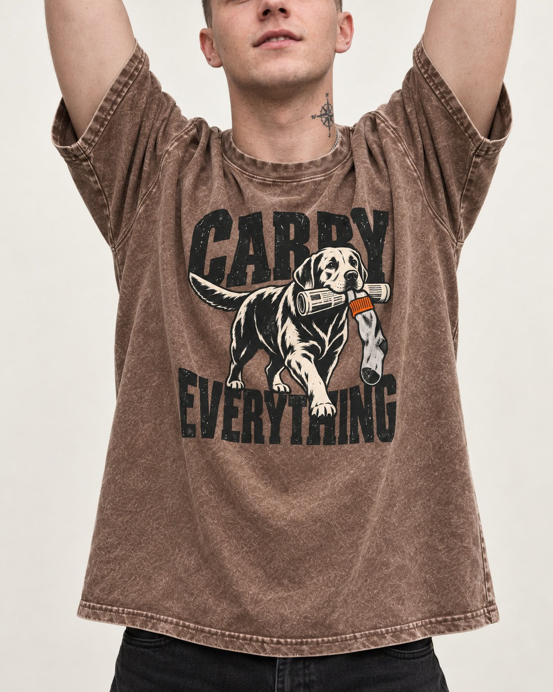 Carry Everything Labrador Retriever Washed Tee in Coffee, worn by a model, front view