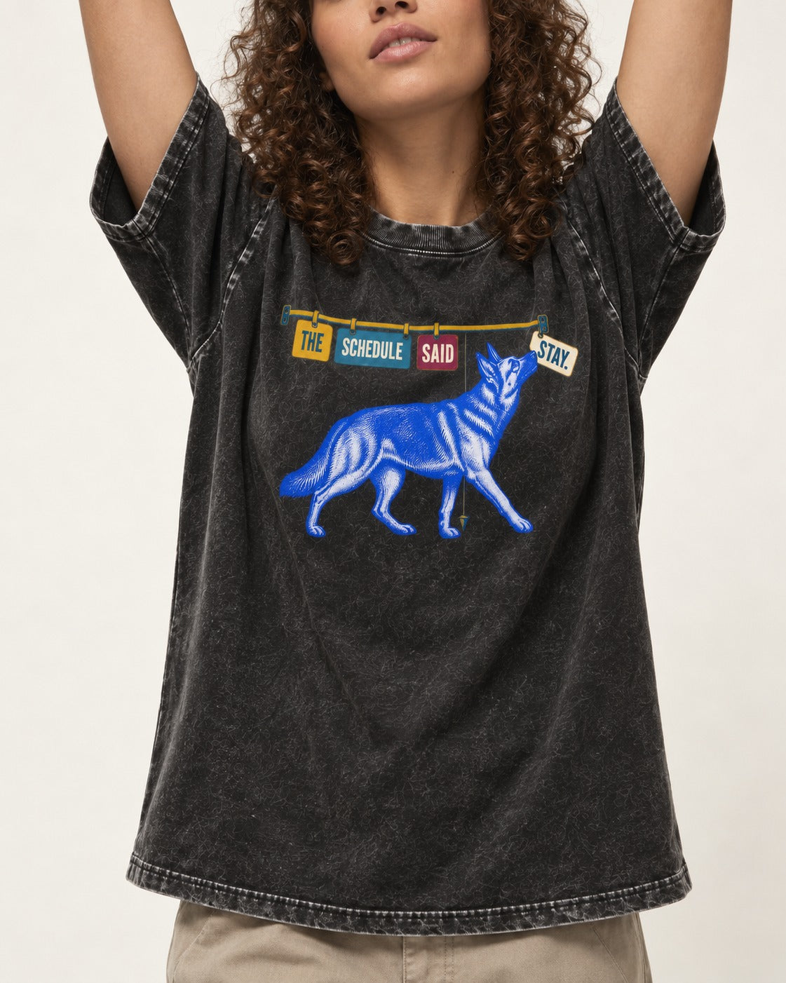 German Shepherd Dog The Schedule Said Stay Graphic Washed Tee in Black, worn by a model, front view