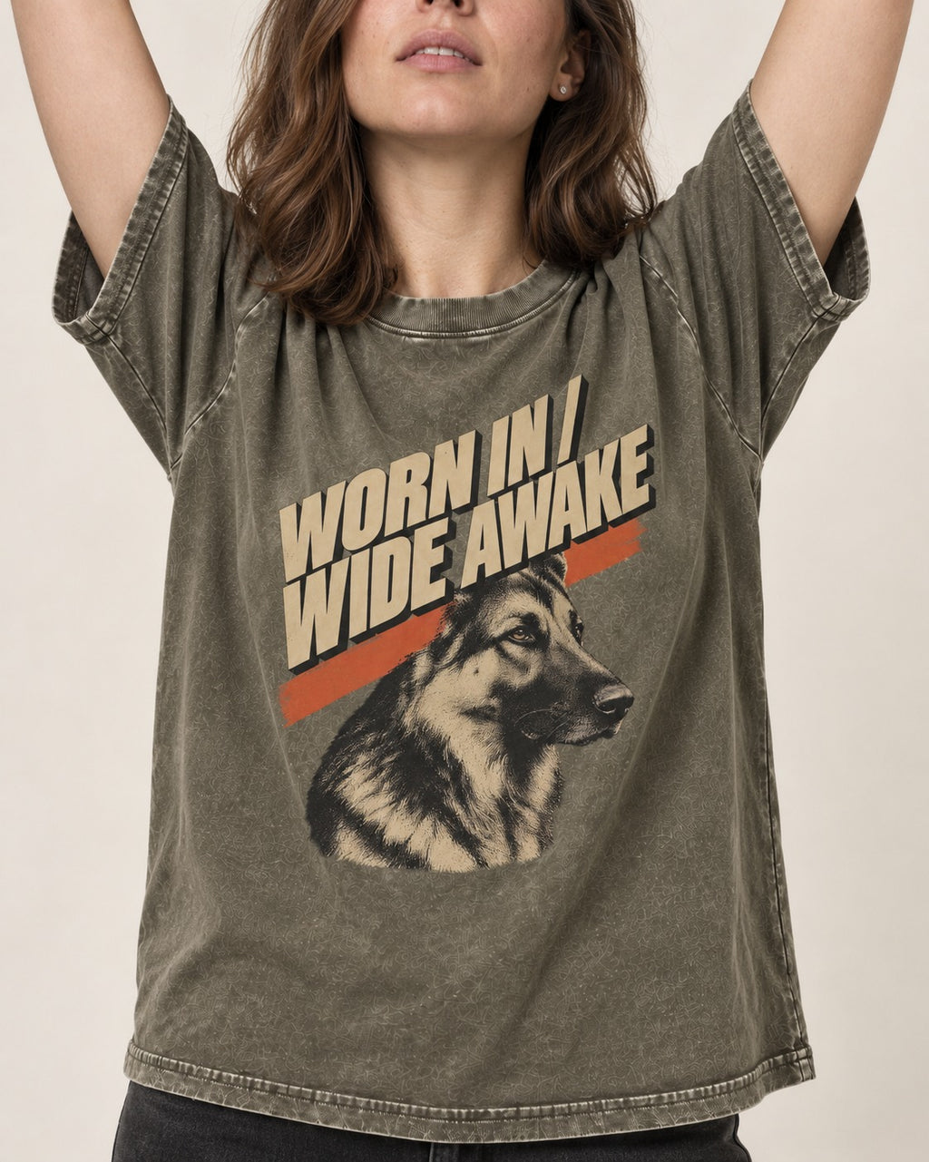 Worn In Wide Awake Portrait German Shepherd Dog Graphic Washed Tee in Army Green, worn by a model, front view