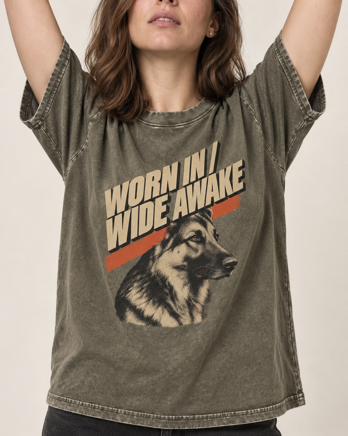 Worn In Wide Awake Portrait German Shepherd Dog Graphic Washed Tee in Army Green, worn by a model, front view