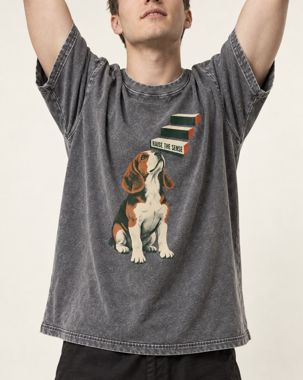Raise The Sense Beagle Scent Hound Washed Tee in Gray, worn by a model, front view