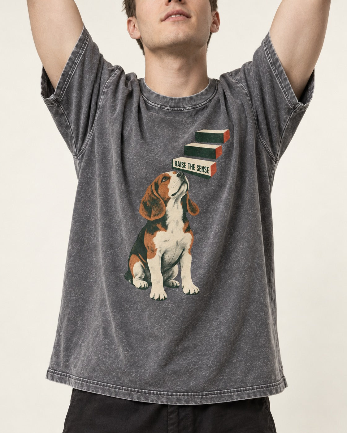 Raise The Sense Beagle Scent Hound Washed Tee in Gray, worn by a model, front view