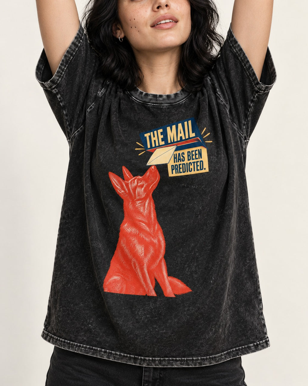 German Shepherd Dog Mail Predicted Graphic Washed Tee in Black, worn by a model, front view