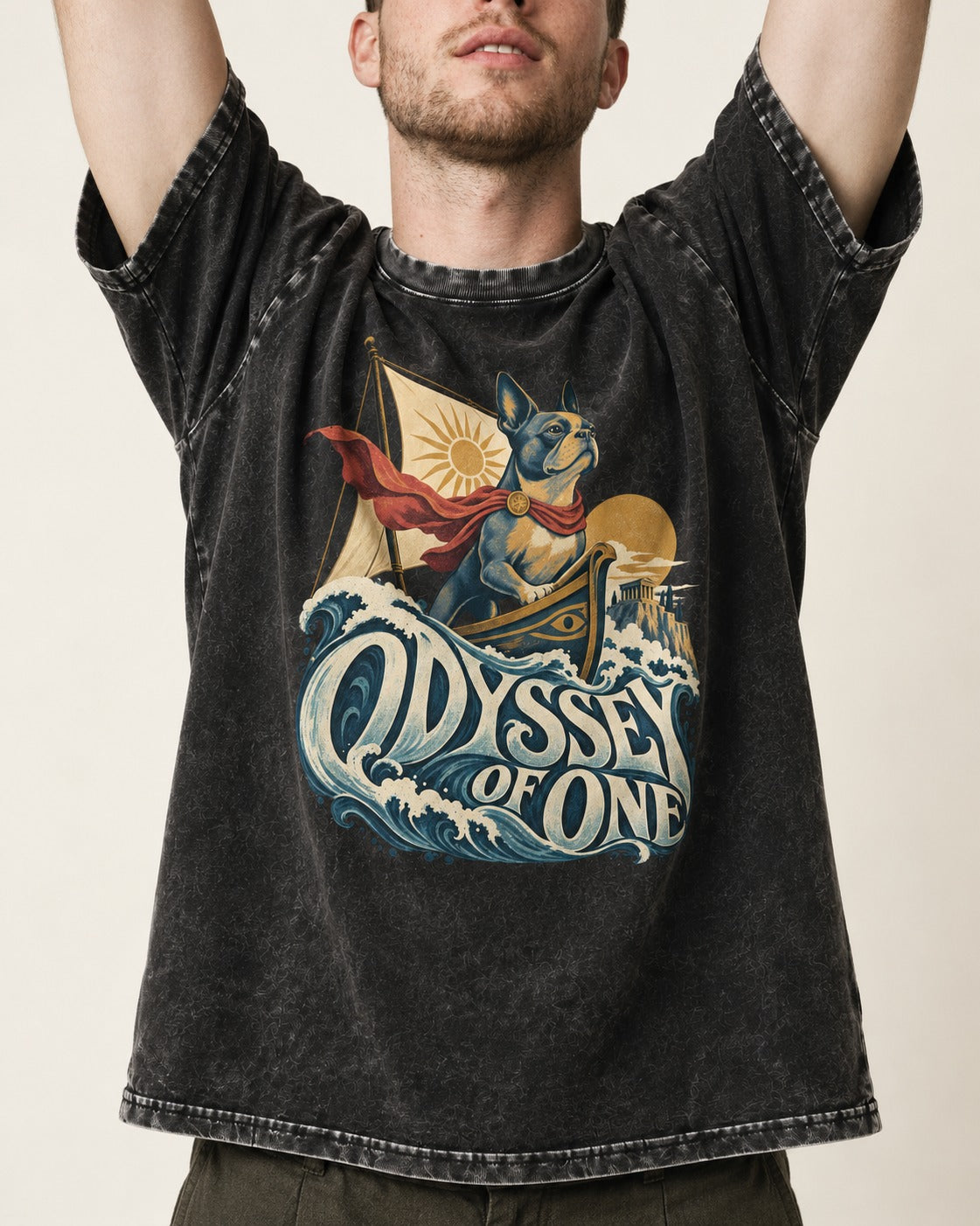 Boston Terrier Odyssey of One Washed Tee in Black, worn by a model, front view