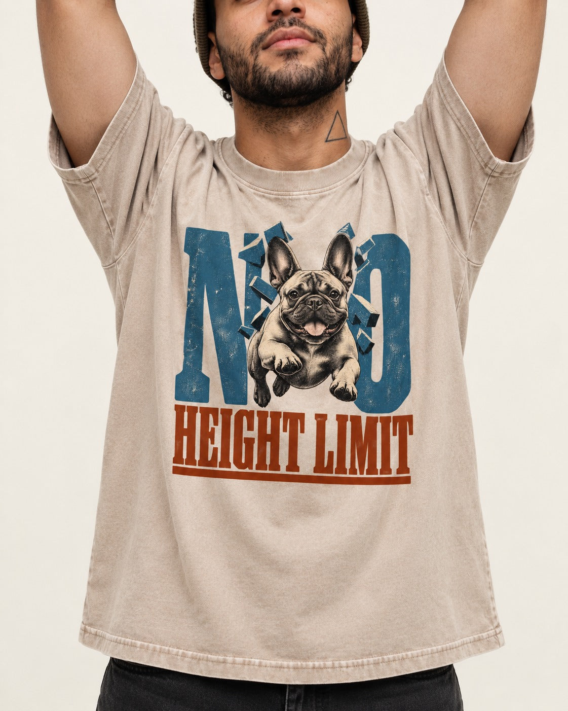 No Height Limit Frenchie Washed Tee in Apricot, worn by a model, front view