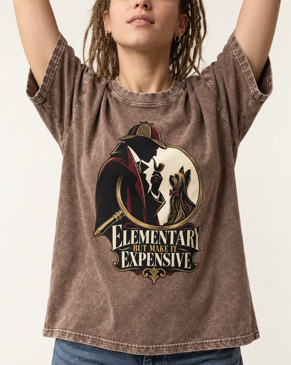 Elementary but Expensive Yorkshire Terrier Washed Tee in Coffee, worn by a model, front view
