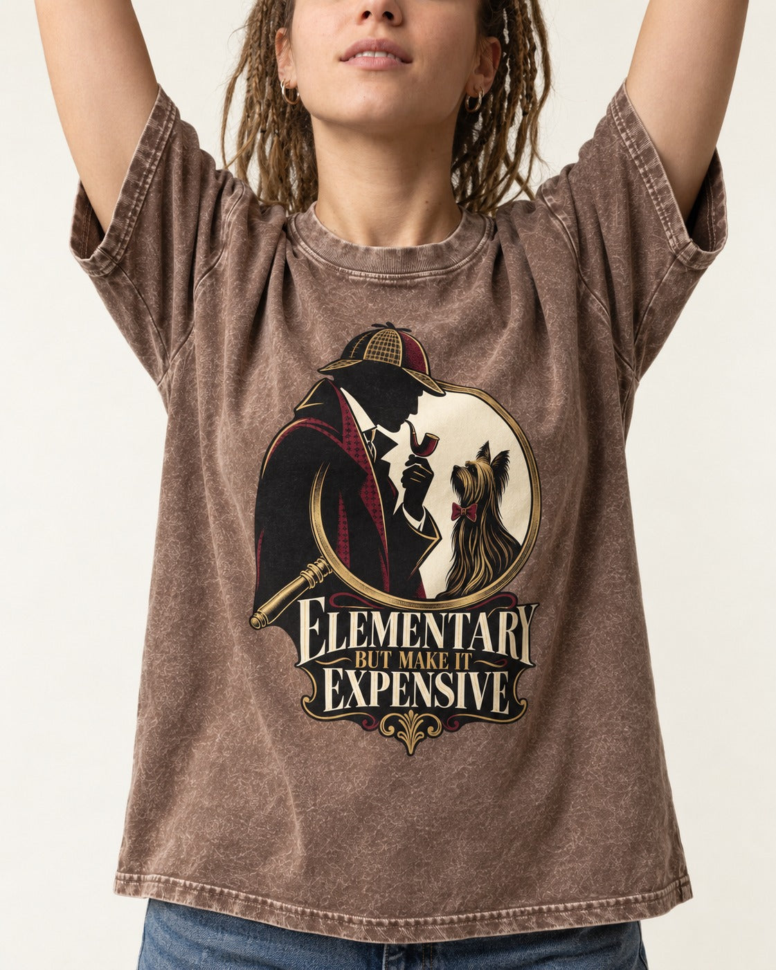 Elementary but Expensive Yorkshire Terrier Washed Tee in Coffee, worn by a model, front view