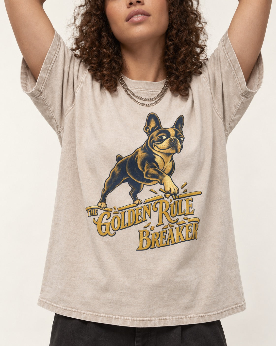 Boston Terrier Golden Rule Breaker Washed Tee in Apricot, worn by a model, front view