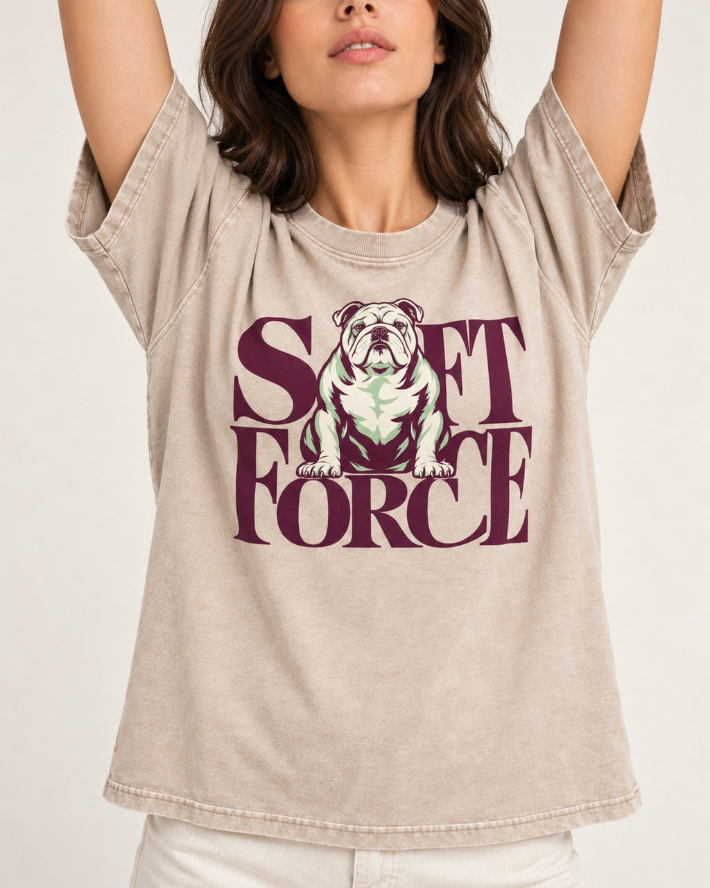 Set Force English Bulldog Washed Tee in Apricot, worn by a model, front view