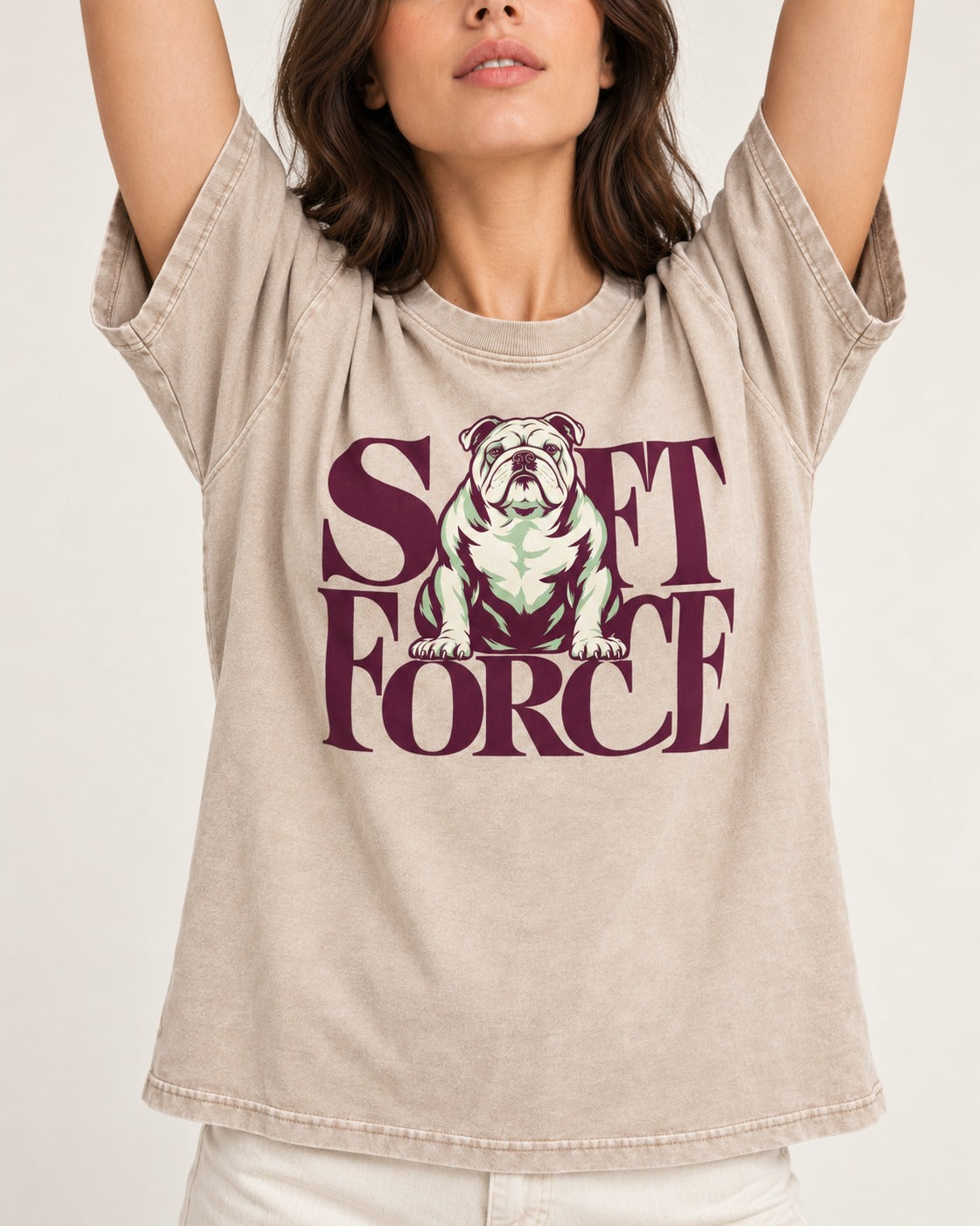 Set Force English Bulldog Washed Tee in Apricot, worn by a model, front view