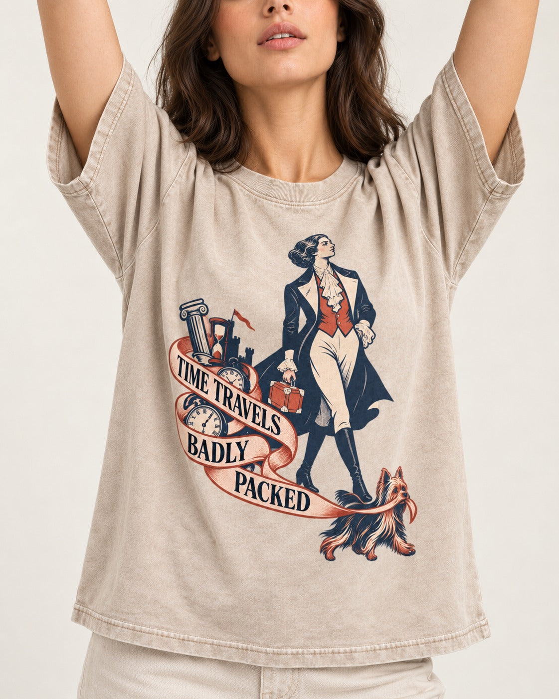 Time Travels Badly Packed Yorkshire Terrier Washed Tee in Apricot, worn by a model, front view